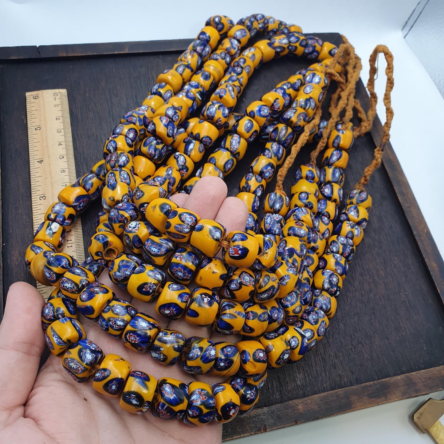 Vintage venetian style floral millefiori beads bold yellow with intricate motifs