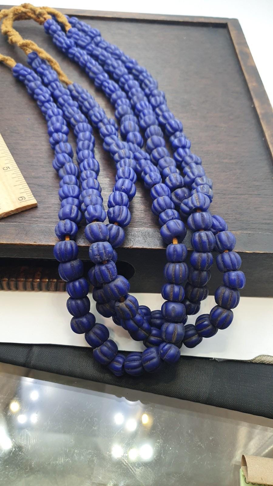 Vintage African Cobalt Blue Glass Bead Strand, Handmade 22"