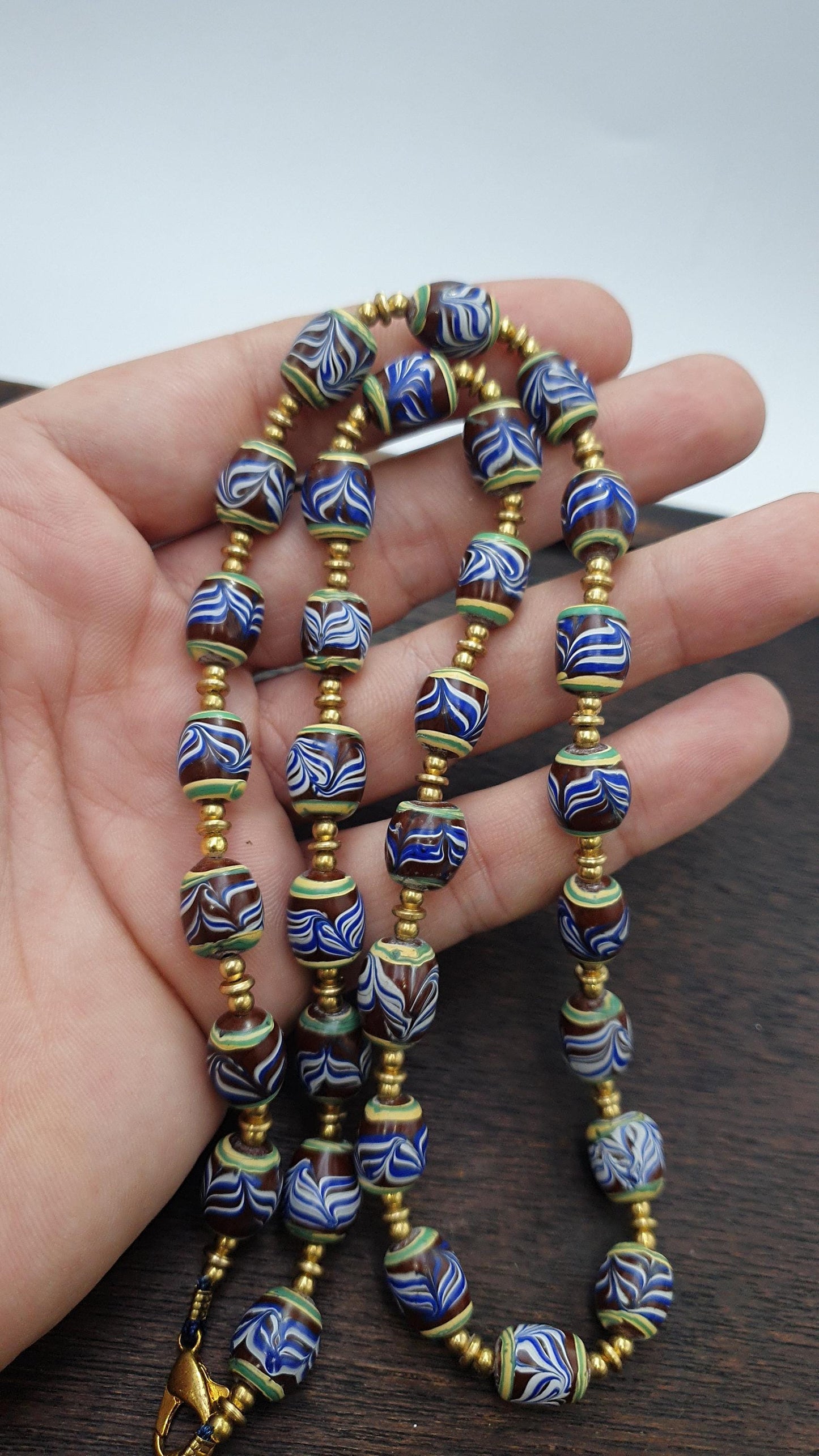 Feather pattern millefiori glass beads strand – venetian murano style necklace