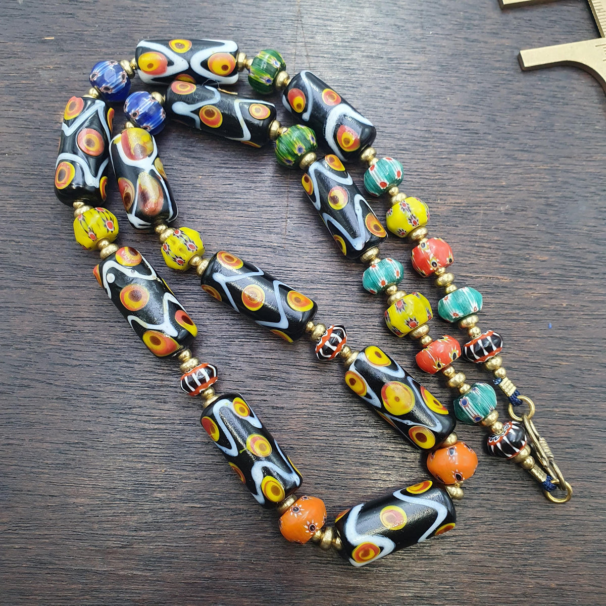 Venetian style glass beads necklace – murano style black swirl & floral jewelry