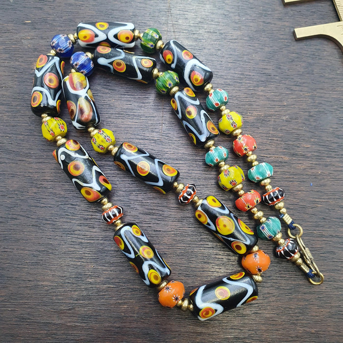 Venetian style glass beads necklace – murano style black swirl & floral jewelry