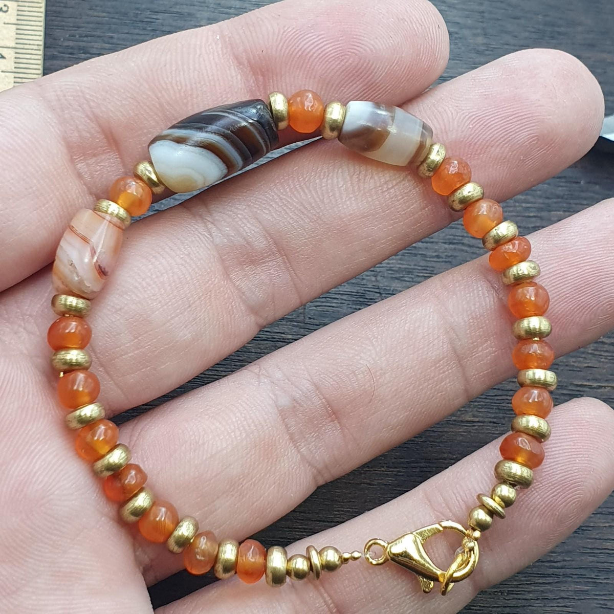 Ancient antique agate carnelian beads with brass spacer beaded bracelet #jn-br2