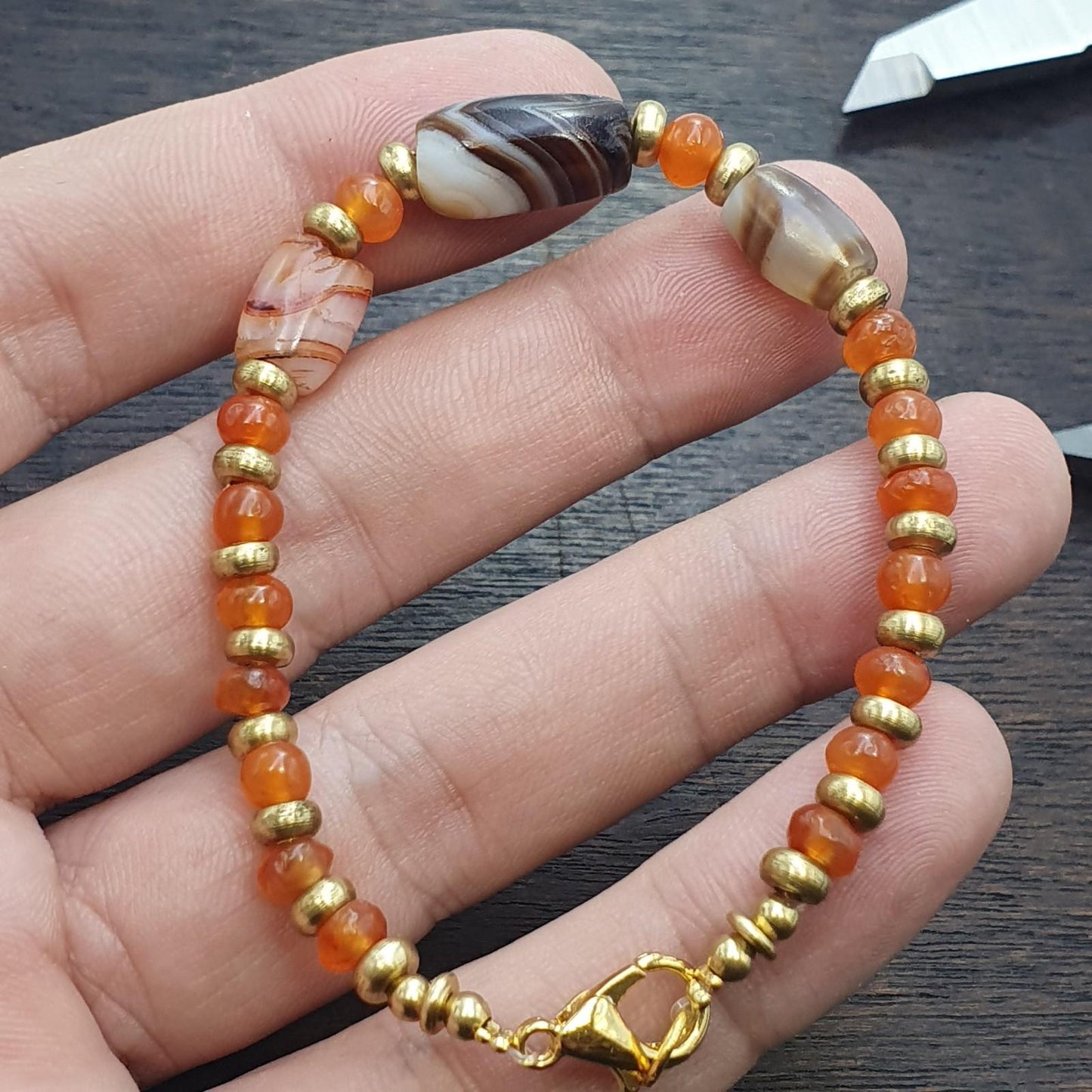 Ancient antique agate carnelian beads with brass spacer beaded bracelet #jn-br2