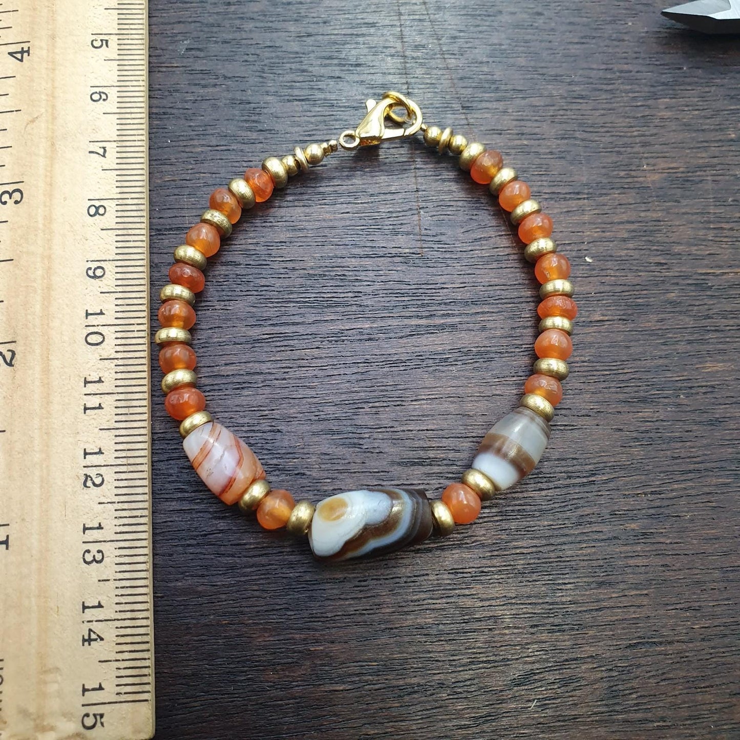 Ancient antique agate carnelian beads with brass spacer beaded bracelet #jn-br2