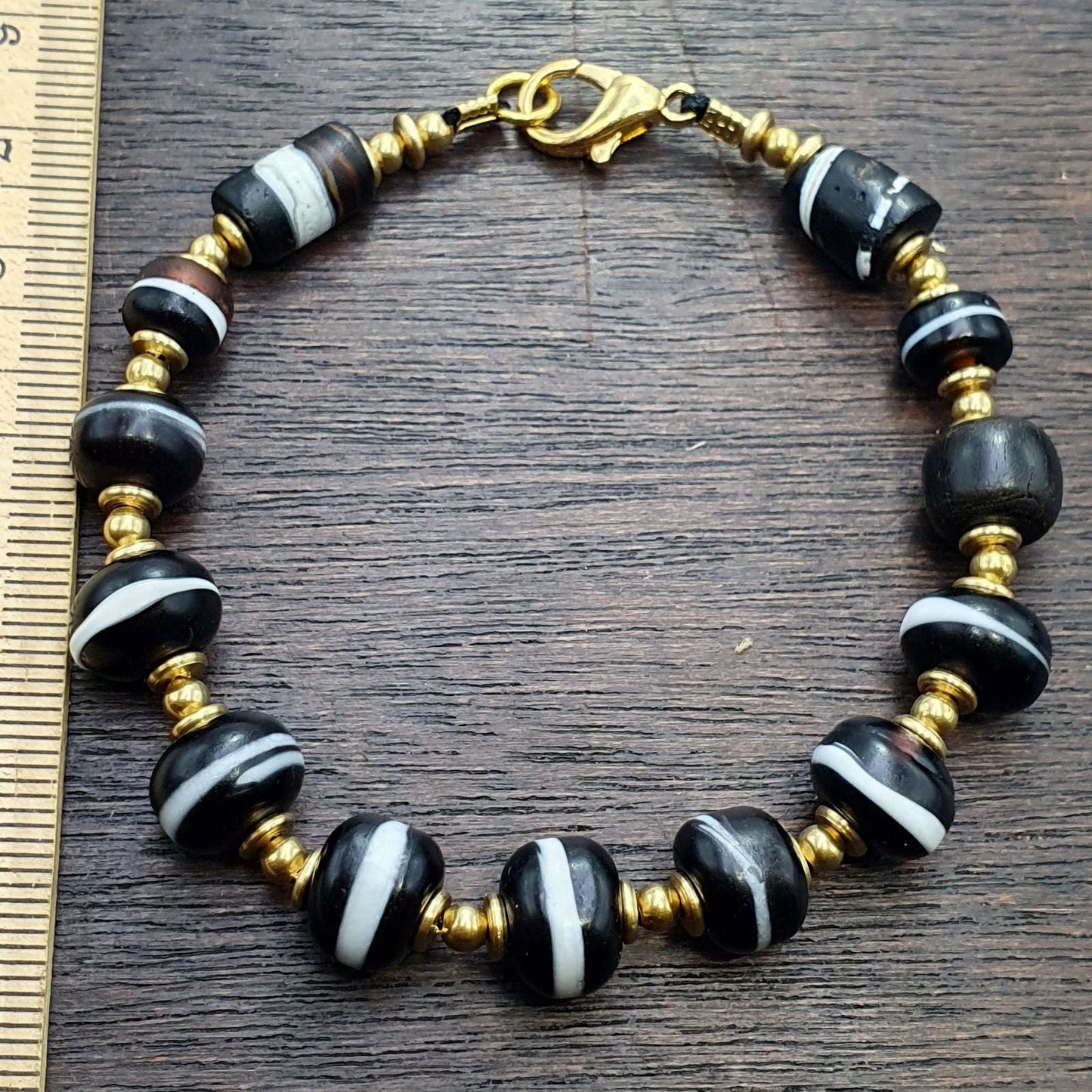 Antique one line black and white glass beads beaded bracelet #jn-br3