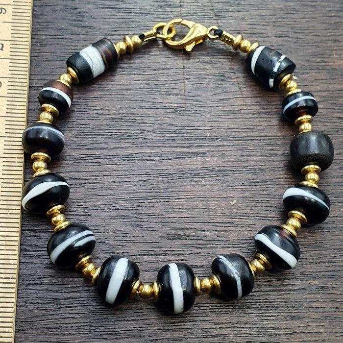 Antique one line black and white glass beads beaded bracelet #jn-br3