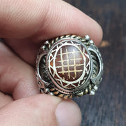 Antique tibetan etched agate Carnelian stone silver inlay gold plated brass ring .
