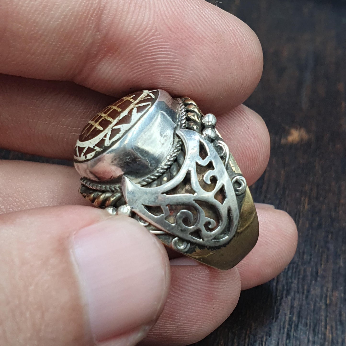 Antique tibetan etched agate Carnelian stone silver inlay gold plated brass ring Gift