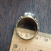 Antique tibetan etched agate Carnelian stone silver inlay gold plated brass ring .