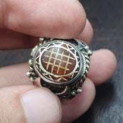 Antique tibetan etched agate Carnelian stone silver inlay gold plated brass ring .