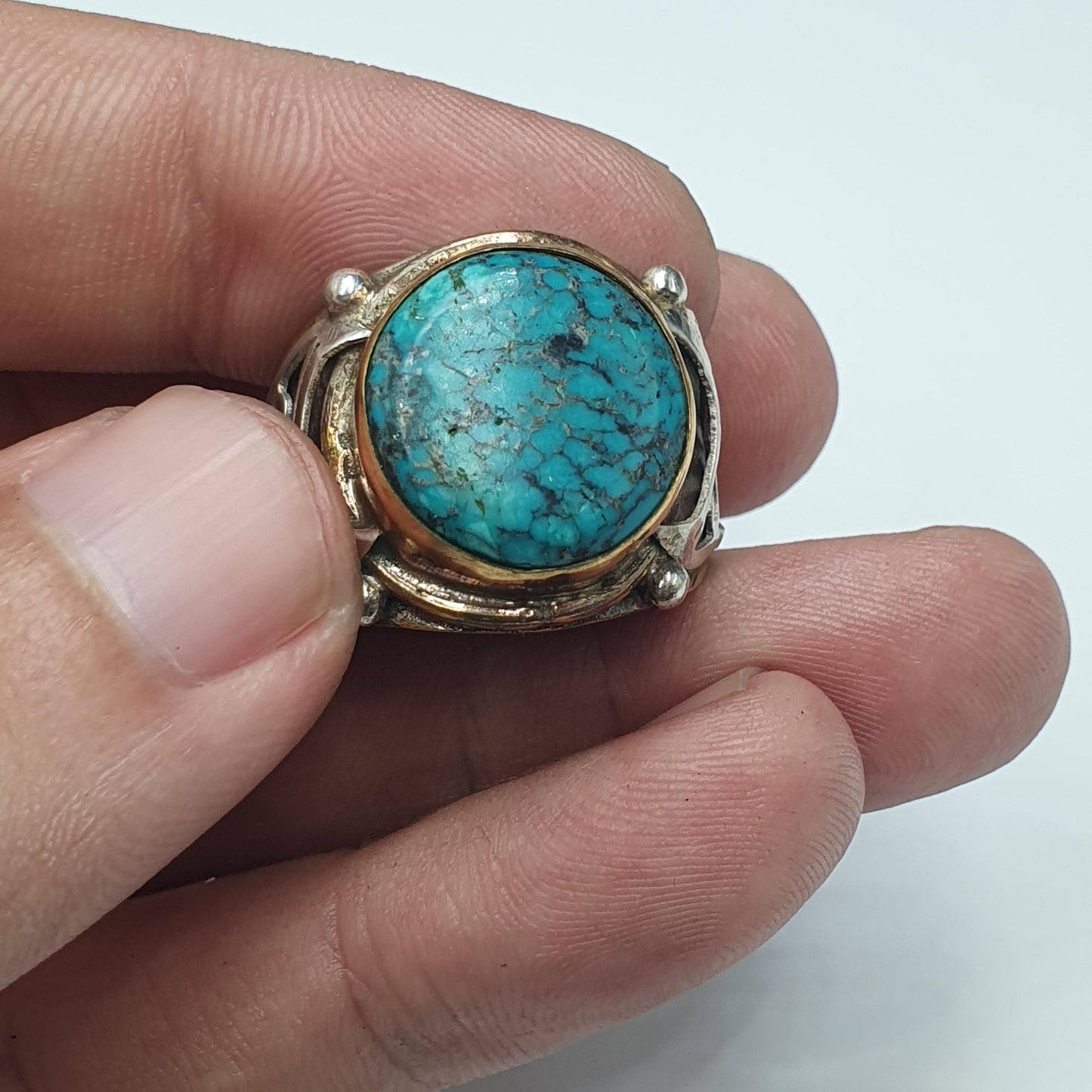 Silver Inlay brass Ring With Tibetan Turquoise Center Stone Gold Plated Brass