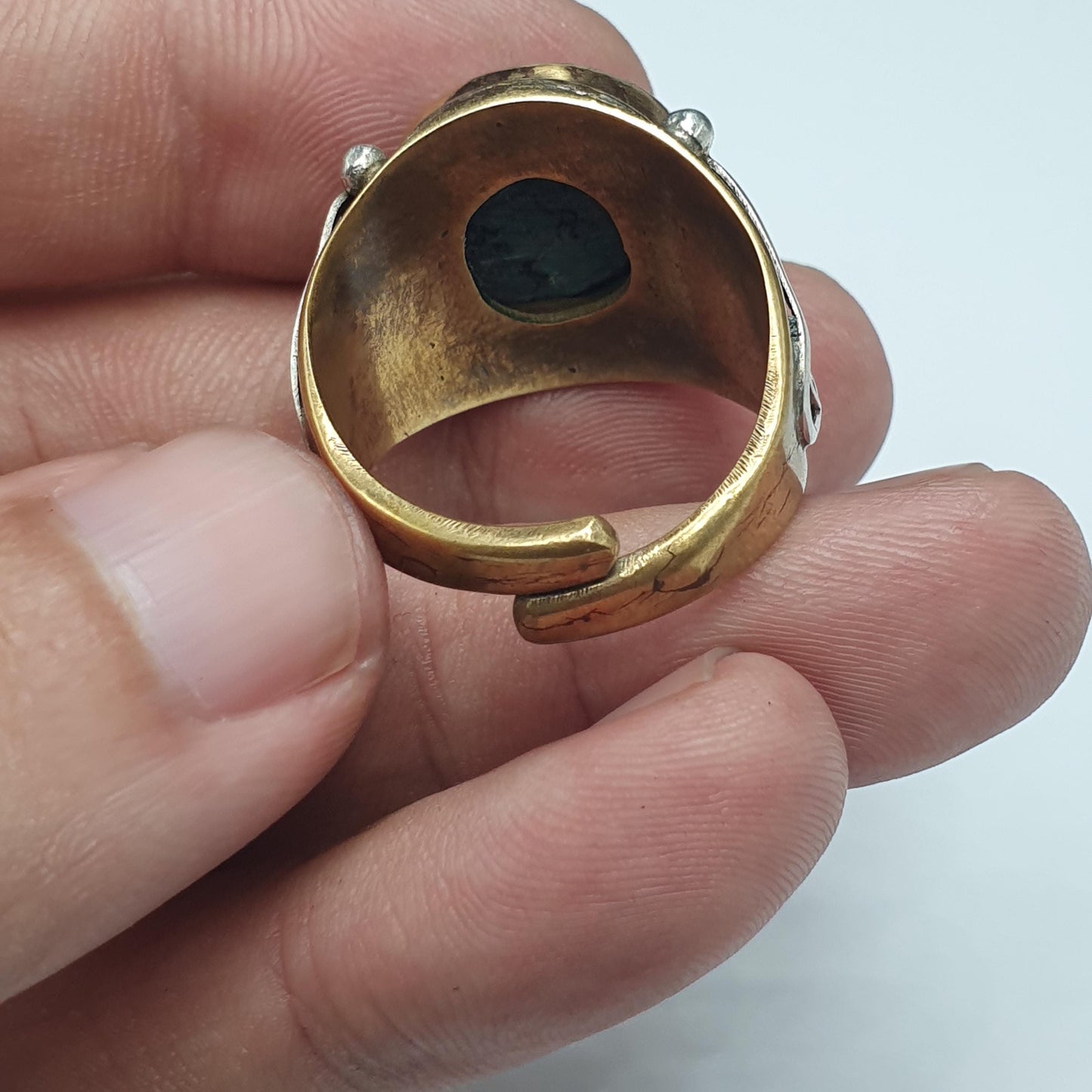 Silver Inlay brass Ring With Tibetan Turquoise Center Stone Gold Plated Brass