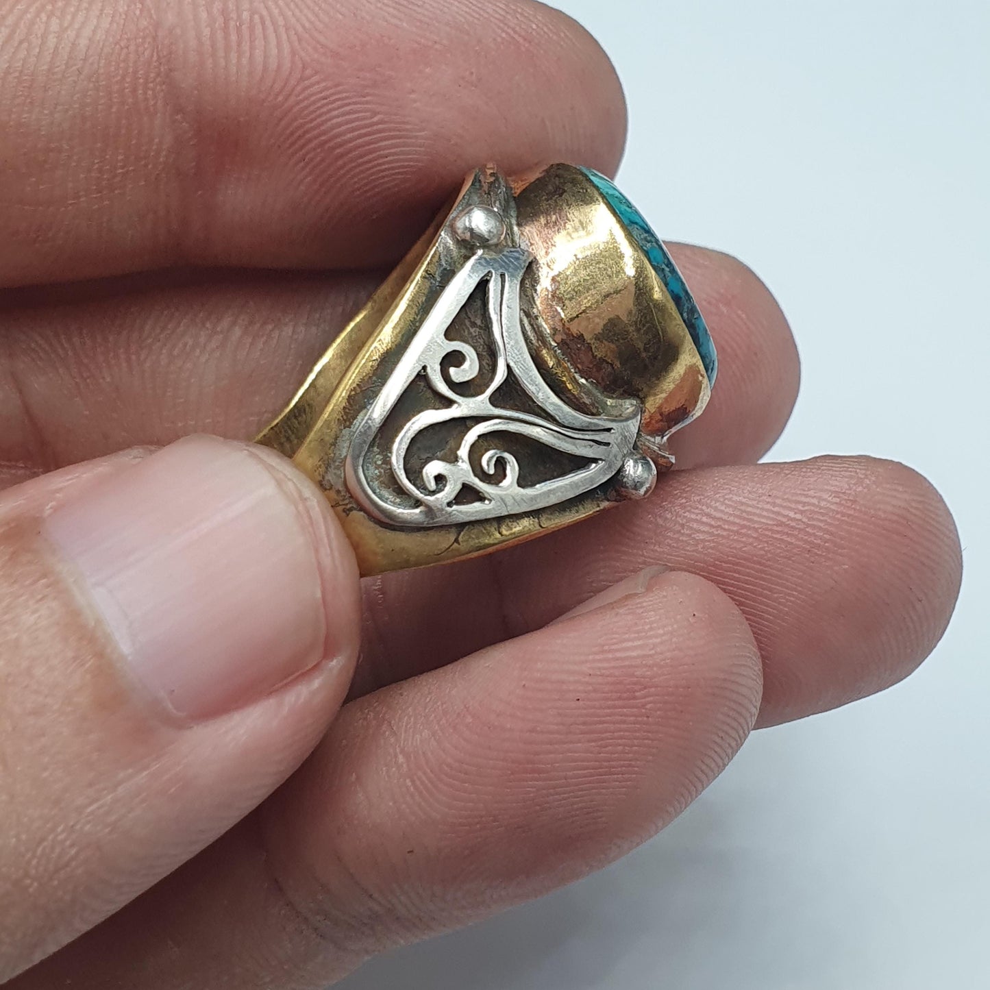 Silver Inlay brass Ring With Tibetan Turquoise Center Stone Gold Plated Brass