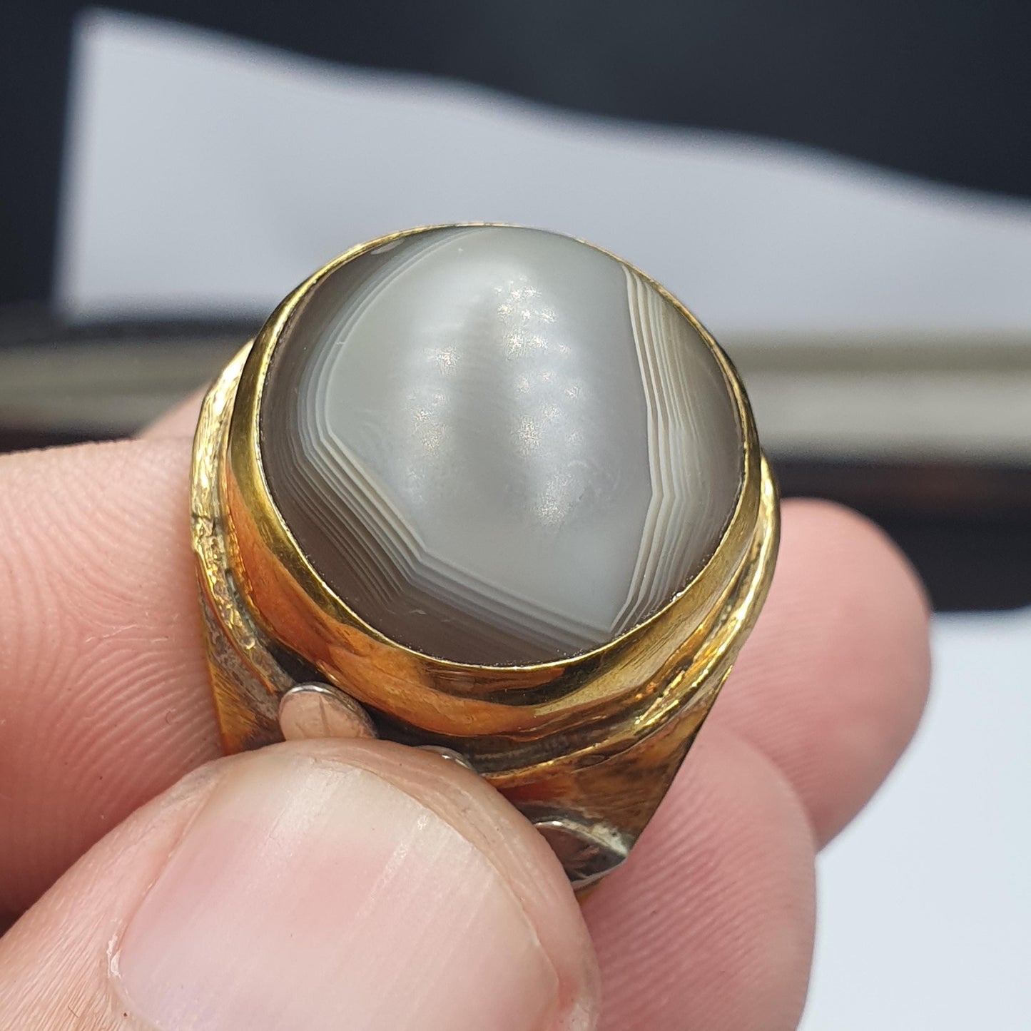 Silver Inlay brass Ring With Tibetan Eye Agate Center Stone Gold Plated ring Gift