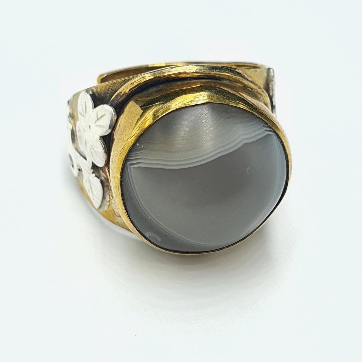 Silver inlay brass ring with tibetan eye agate center stone gold plated
