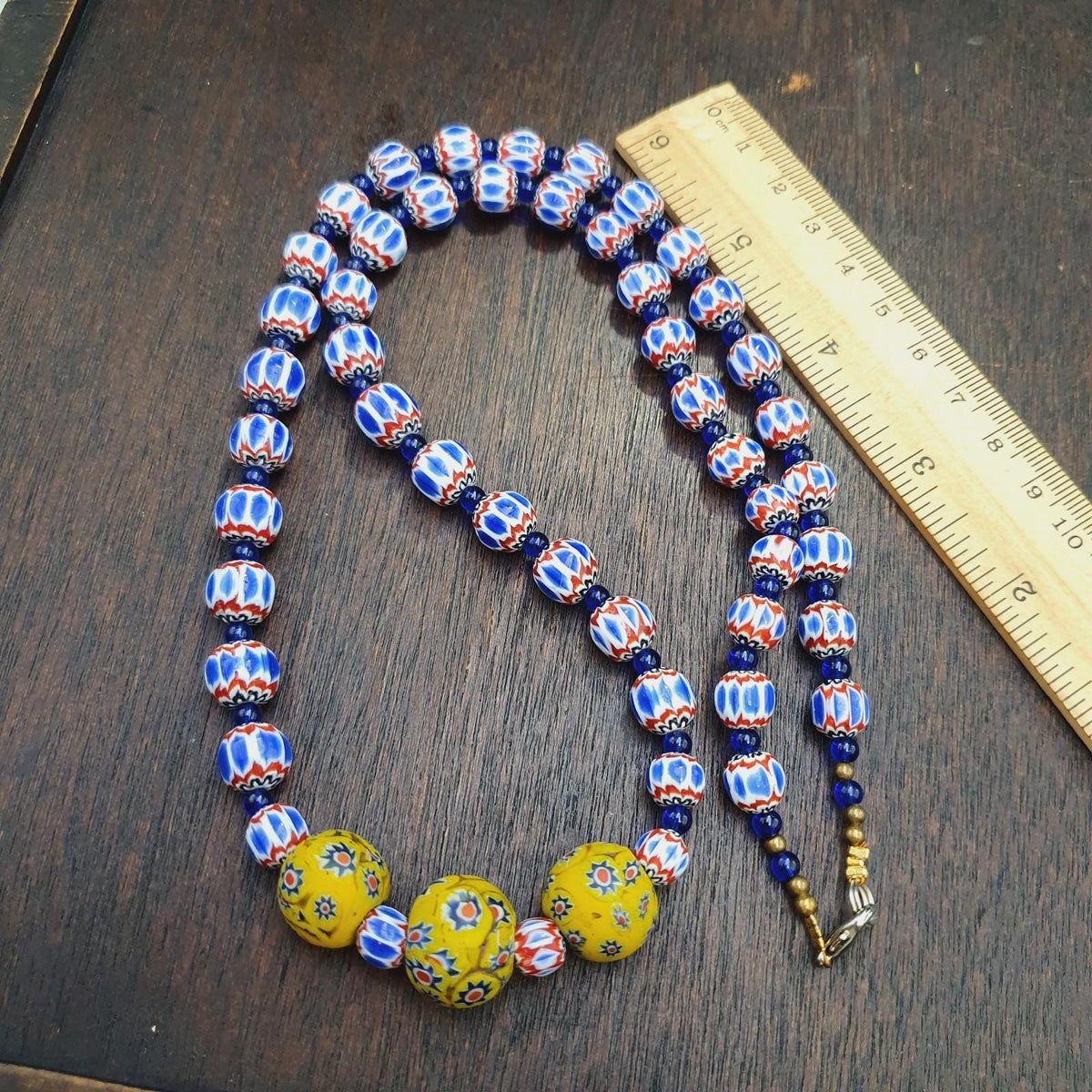Blue Chevron Glass Bead Necklace, Yellow Floral Pendant