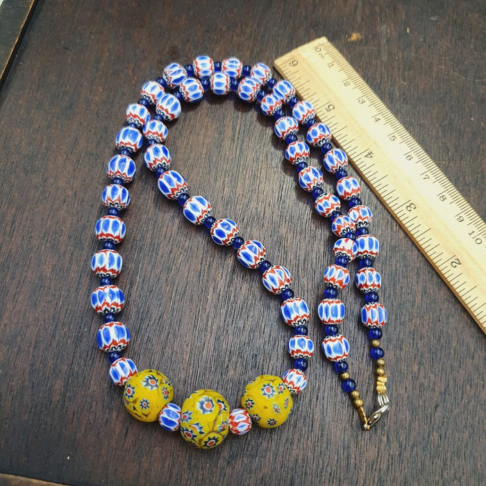 Blue Chevron Glass Bead Necklace, Yellow Floral Pendant