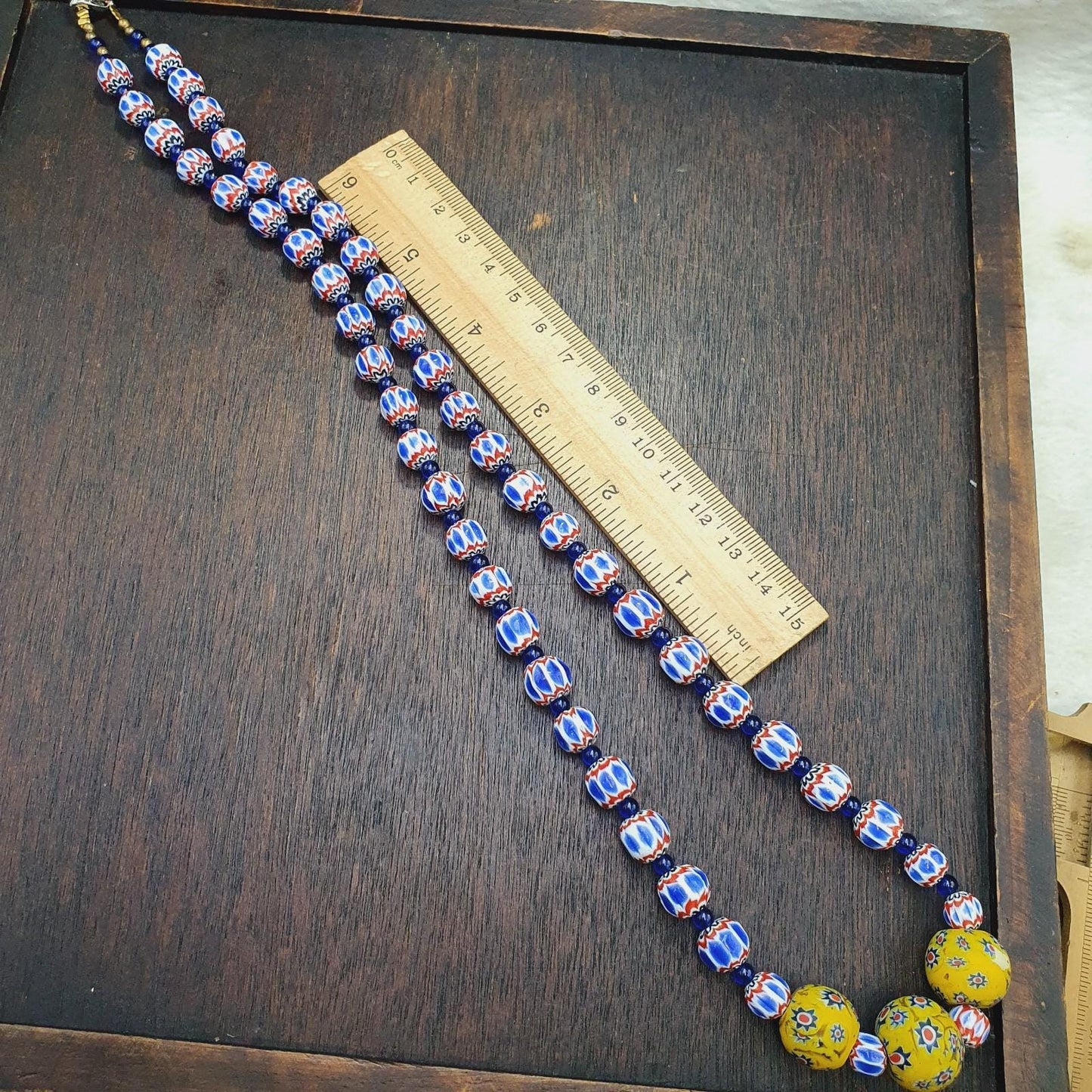Blue Chevron Glass Bead Necklace, Yellow Floral Pendant