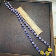 Blue Chevron Glass Bead Necklace, Yellow Floral Pendant