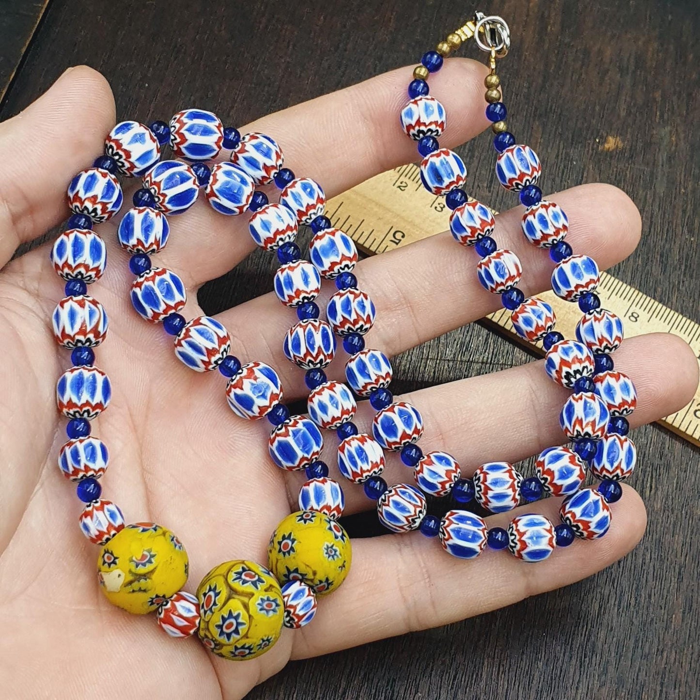 Blue Chevron Glass Bead Necklace, Yellow Floral Pendant