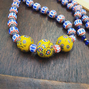 Blue Chevron Glass Bead Necklace, Yellow Floral Pendant