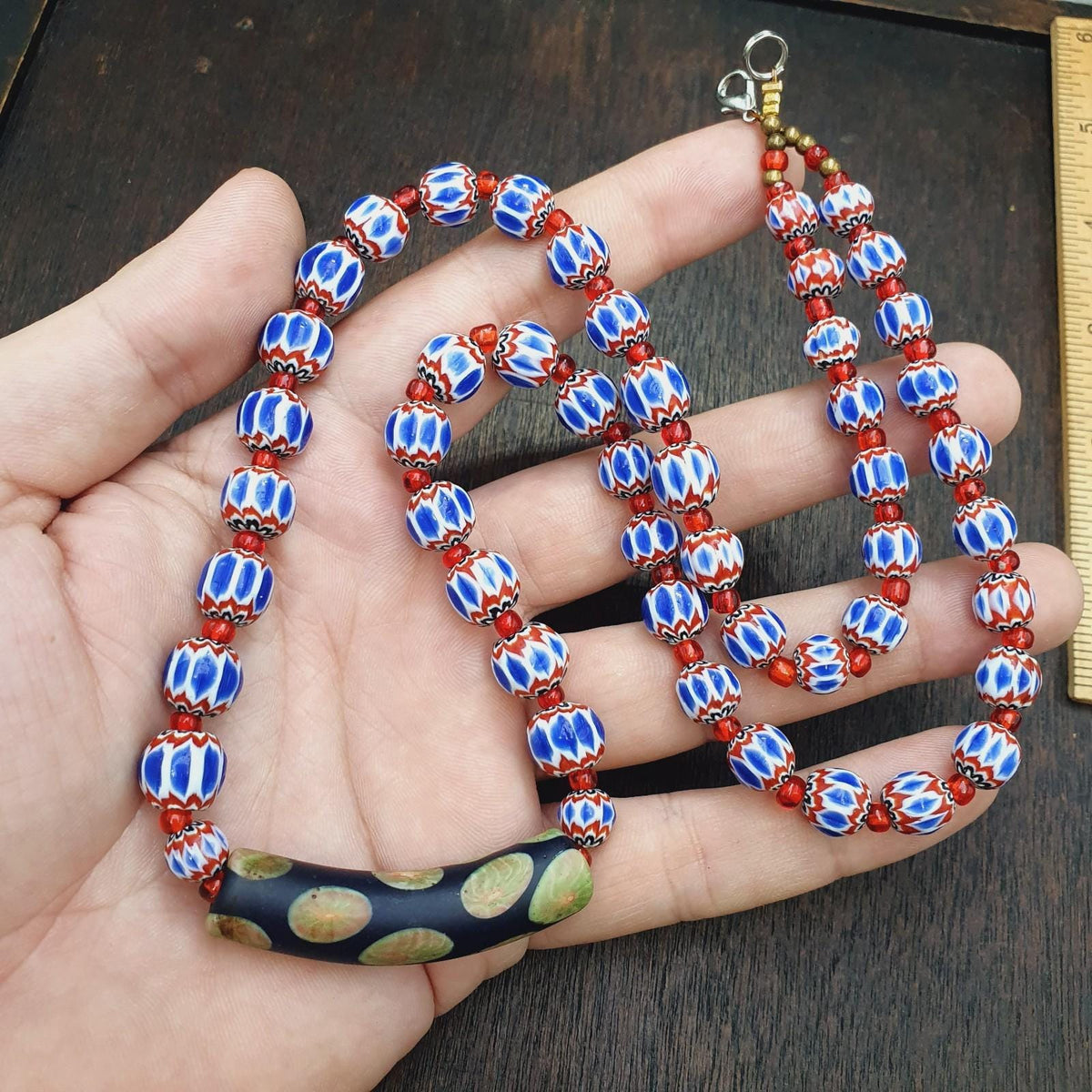 Handmade Chevron Glass Beaded Necklace, Black Floral Pendant