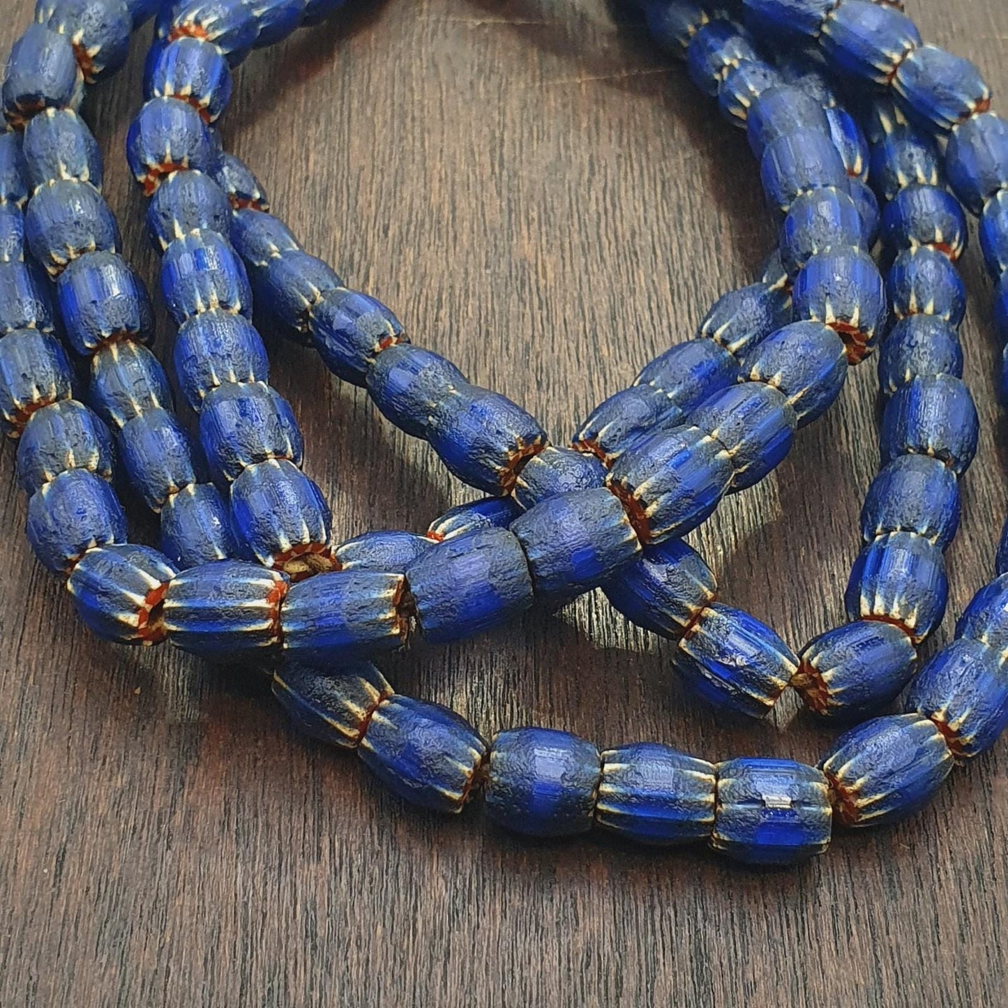 Vintage Blue Chevron Beads Necklace, Old African Glass (24 inch)