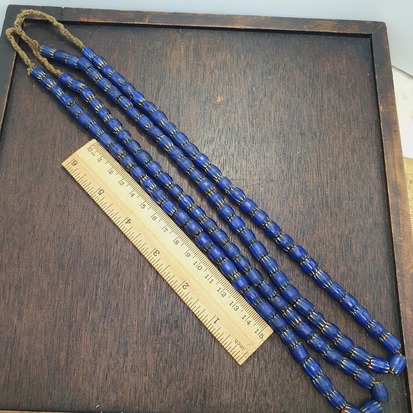 Vintage Blue Chevron Beads Necklace, Old African Glass (24 inch)
