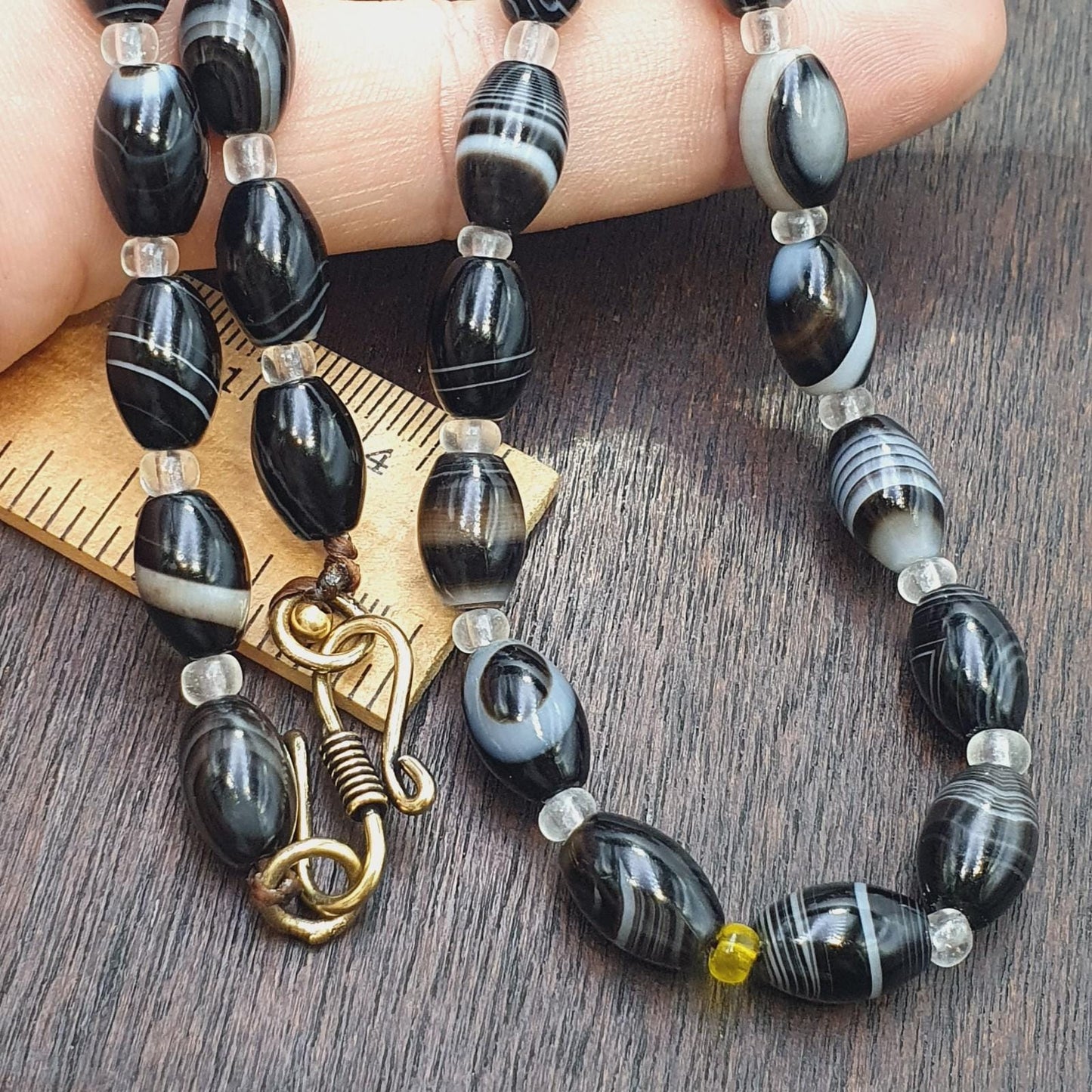 Vintage Black & White Banded Agate Bead Necklace, Brass Clasp