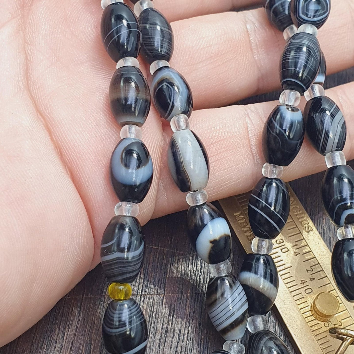 Vintage Black & White Banded Agate Bead Necklace, Brass Clasp