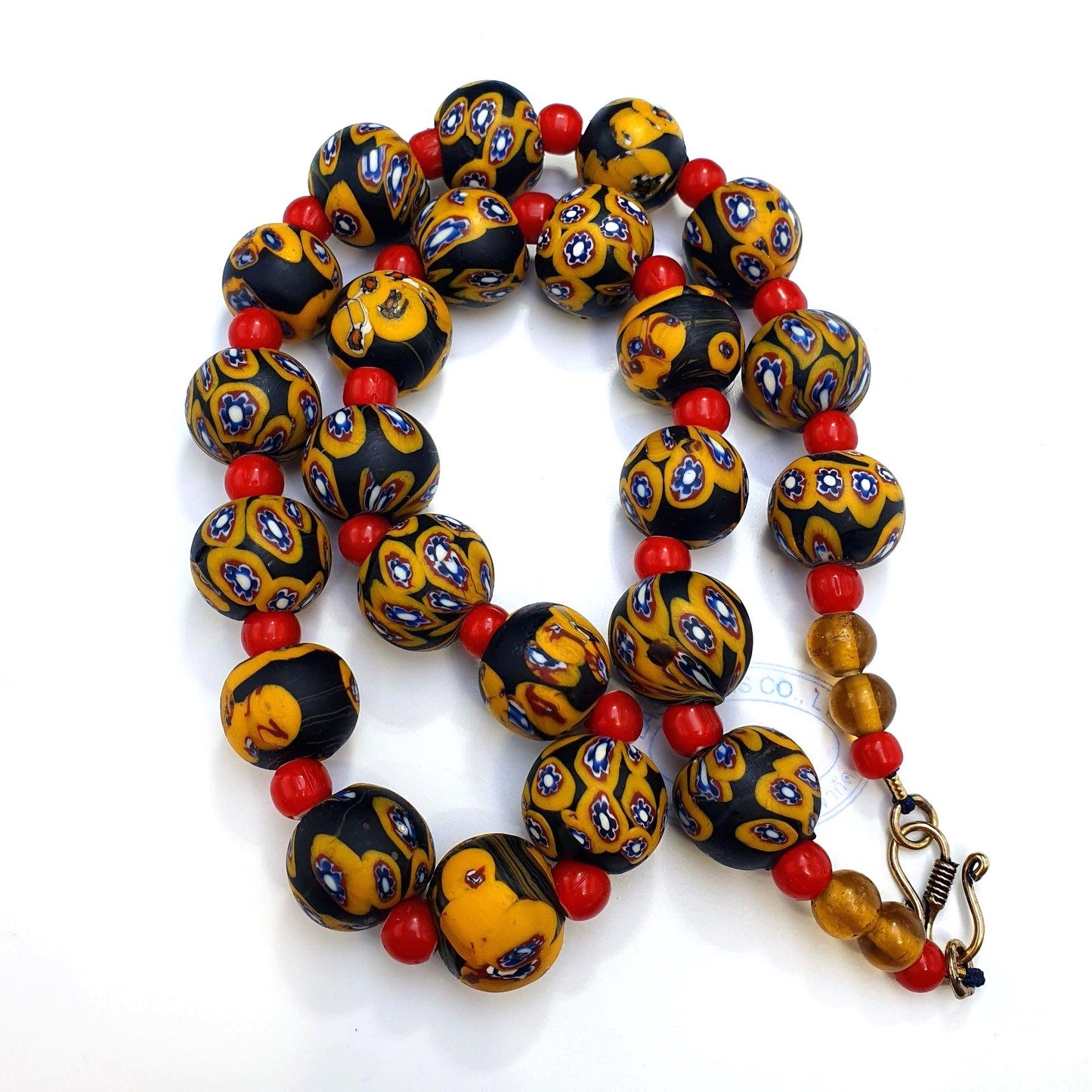 Vintage African Style Chevron Glass Bead Necklace, 22 Inch