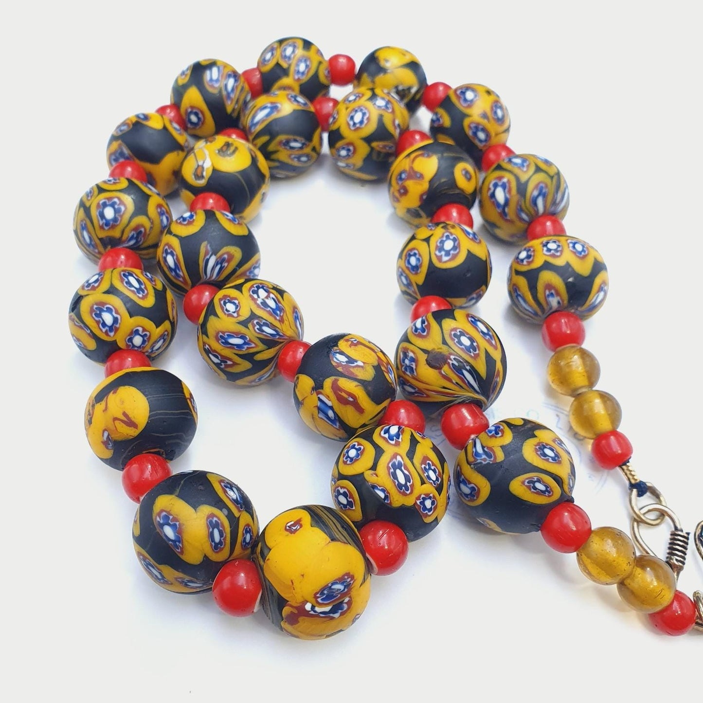 Vintage African Style Chevron Glass Bead Necklace, 22 Inch