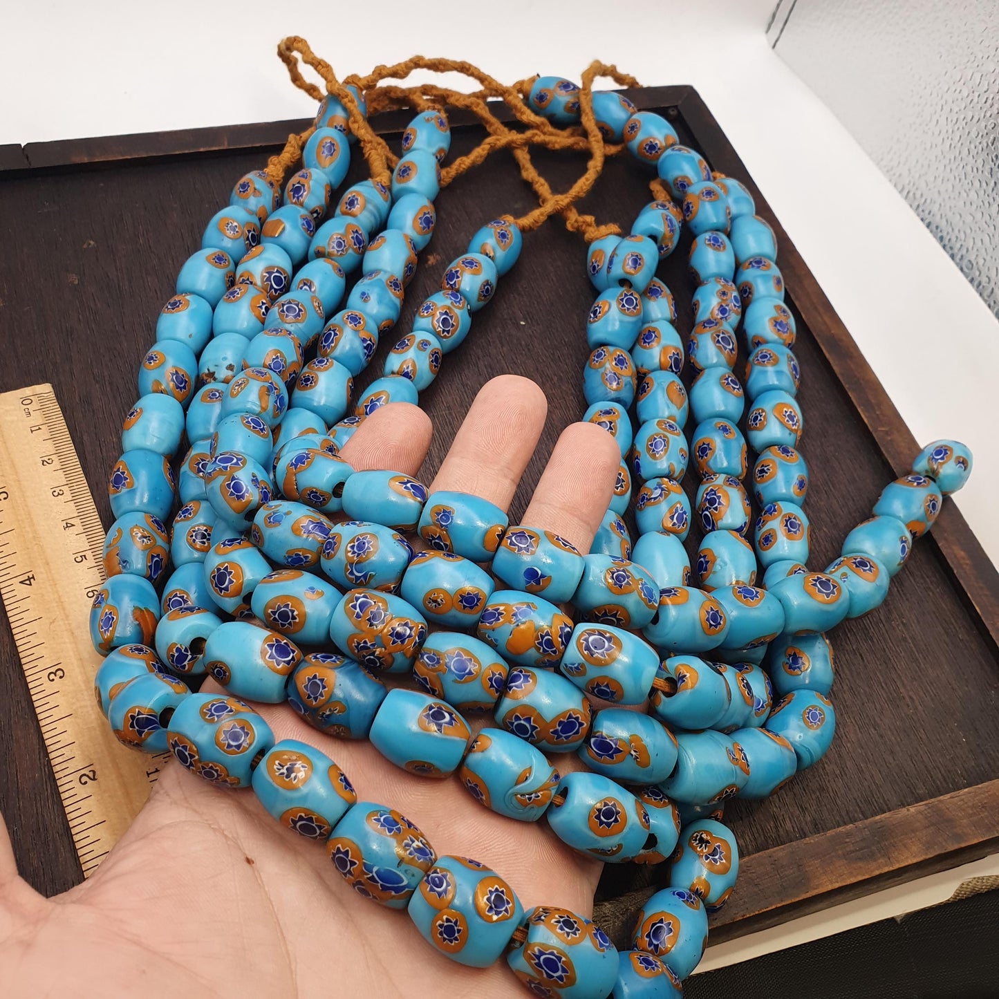 Vintage venetian style millefiori beads - deep blue floral mosaic strand