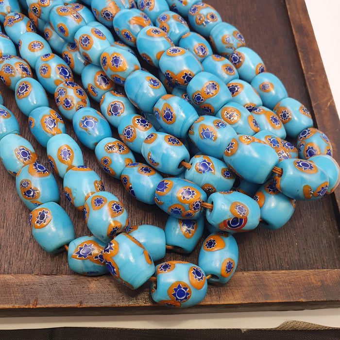 East Oasis Vintage Venetian Style Millefiori Beads Deep Blue Floral Mosaic Strand