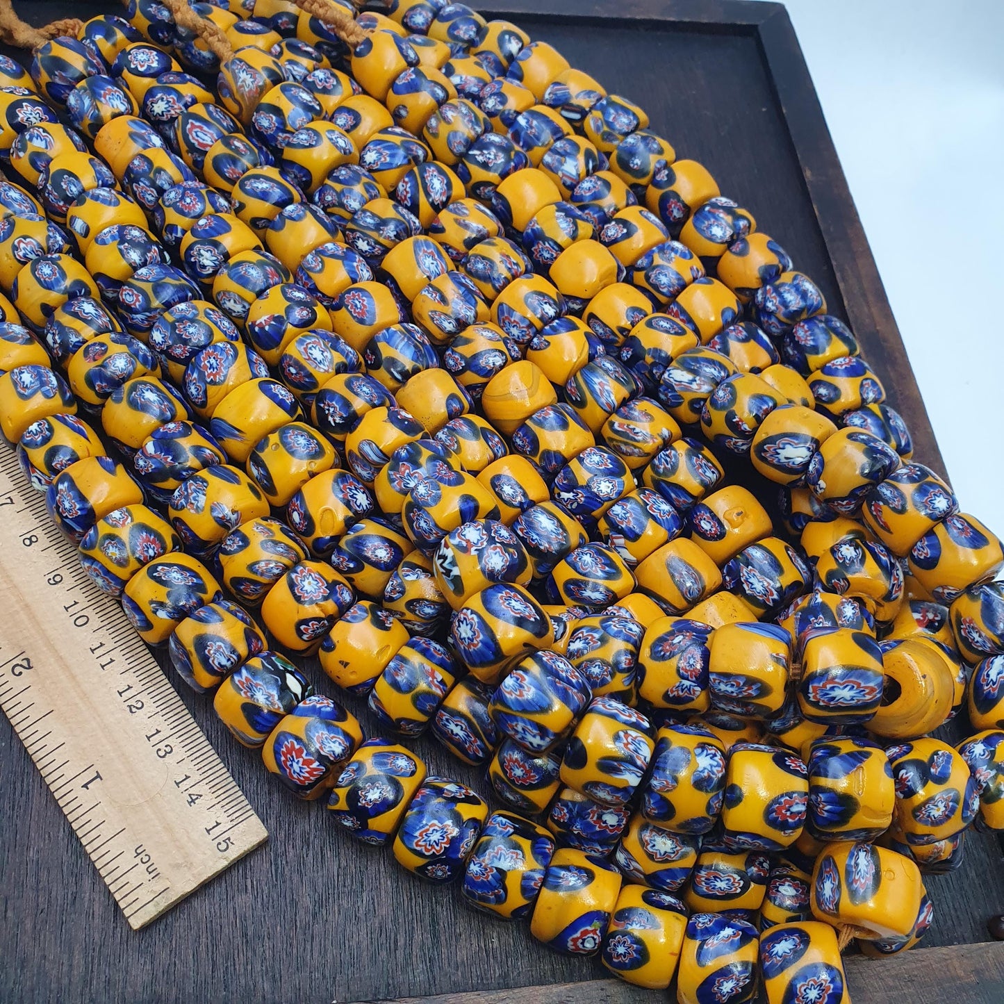 Vintage venetian style floral millefiori beads bold yellow with intricate motifs