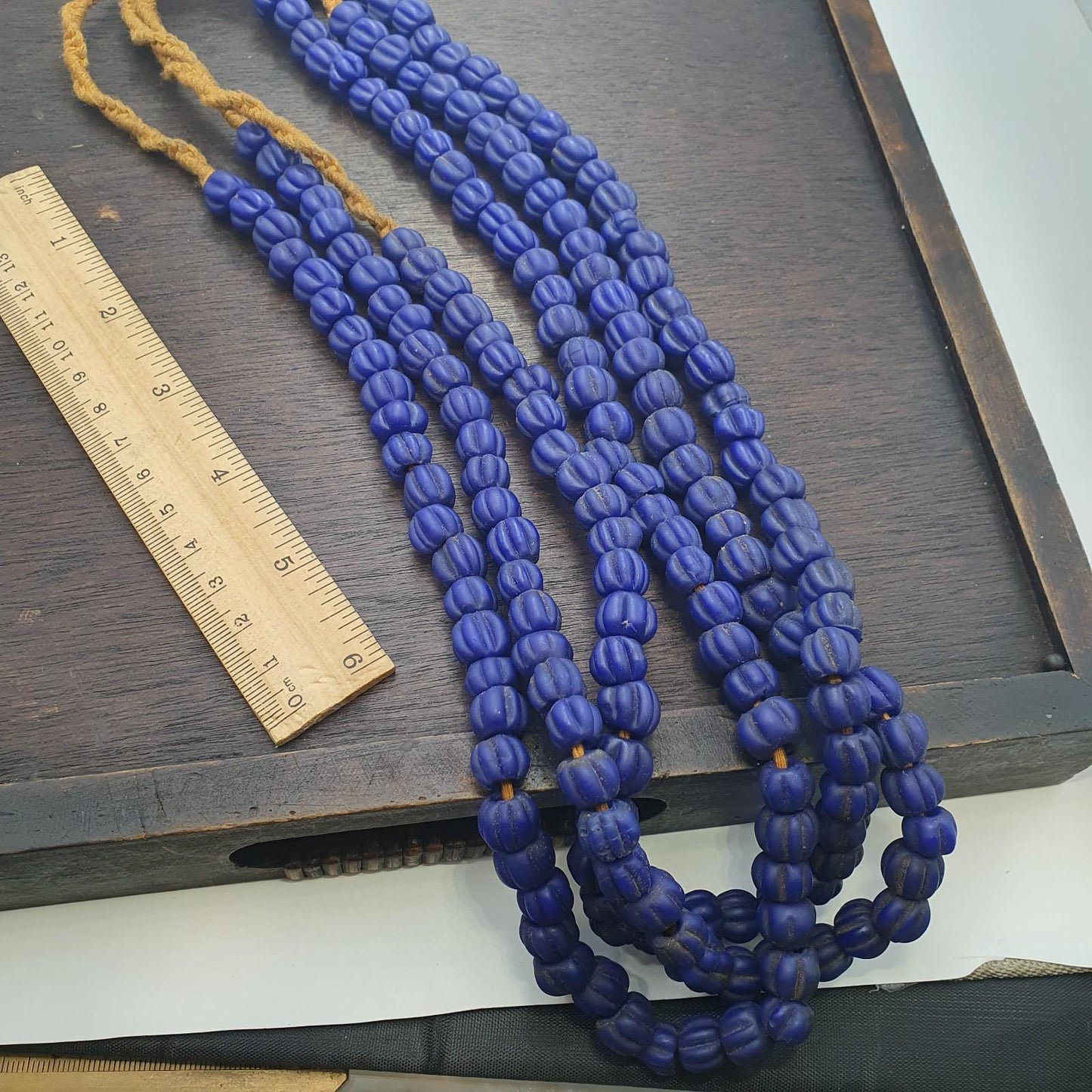 Vintage African Cobalt Blue Glass Bead Strand, Handmade 22"