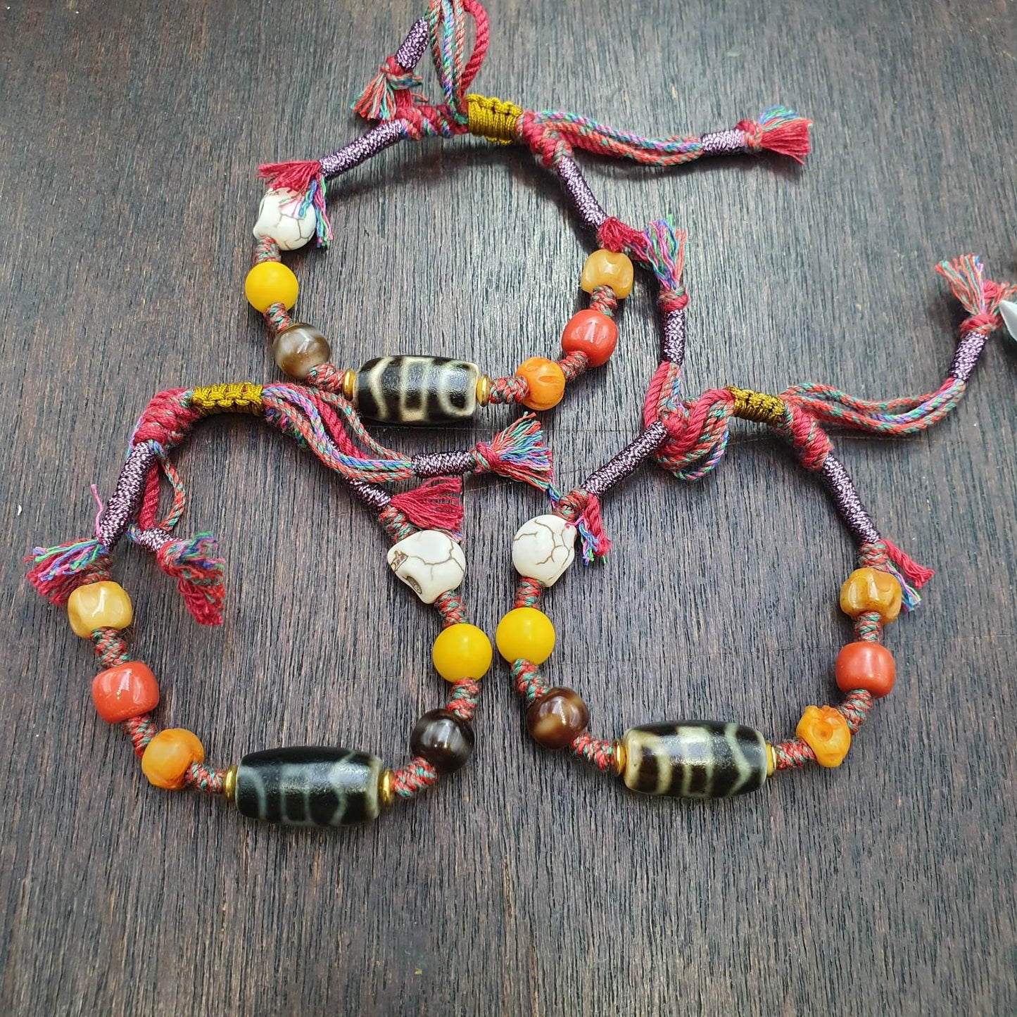 Handmade 2 eyes dzi bead bracelet multicolor cord - spiritual beads bracelet