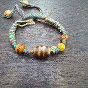 Handmade Dzi Bead, Tibetan Bracelet - Agate, Multicolor Cord, Vintage Spiritual Accessory, Meditation .