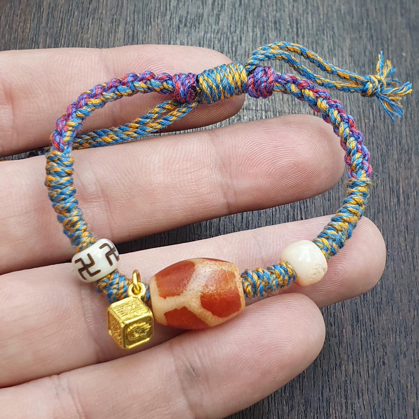 Handmade 6 eyes dzi bead bracelet multicolor cord - spiritual beads bracelet