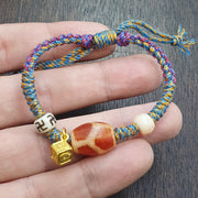 Handmade 6 Eyes Dzi, Vintage Agate Bracelet - Multicolor Cord, Adjustable | Tibetan Amulet