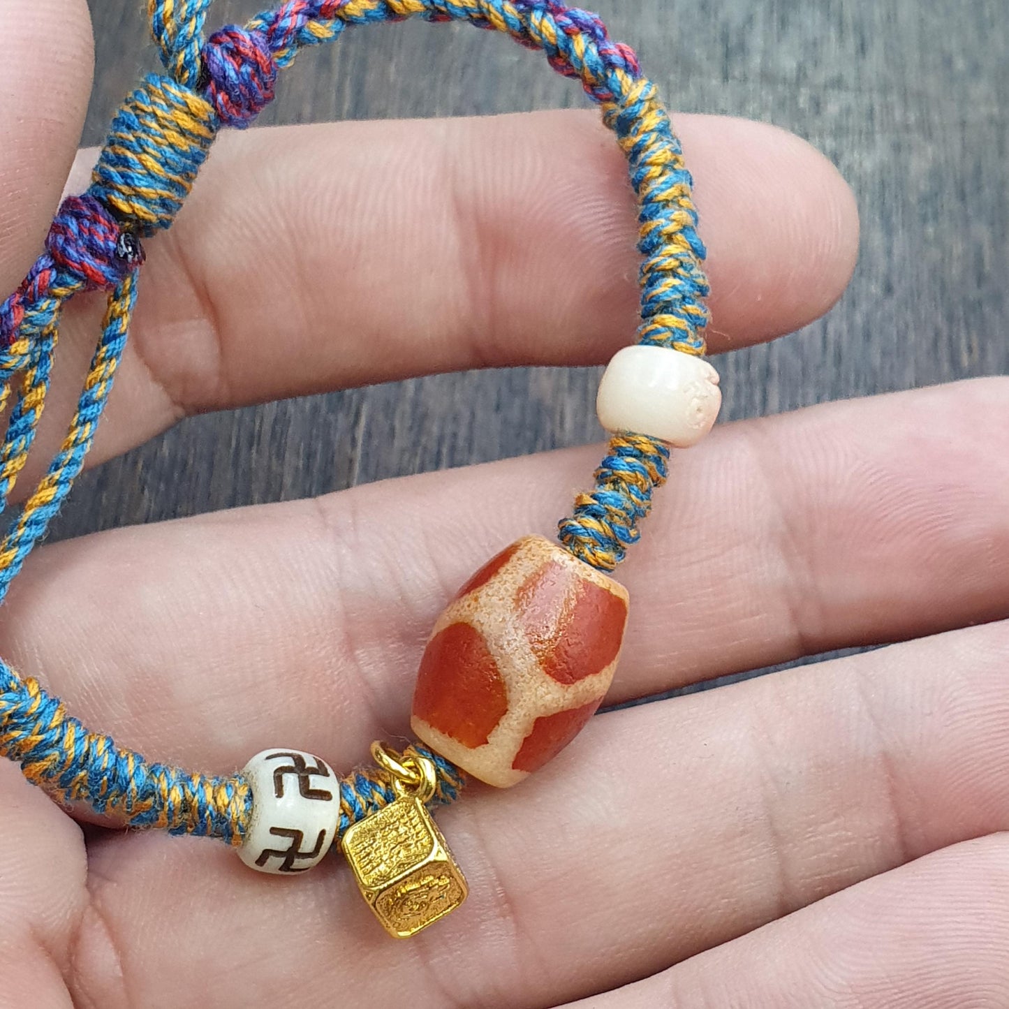 Handmade 6 eyes dzi bead bracelet multicolor cord - spiritual beads bracelet