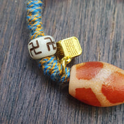 Handmade 6 Eyes Dzi, Vintage Agate Bracelet - Multicolor Cord, Adjustable | Tibetan Amulet