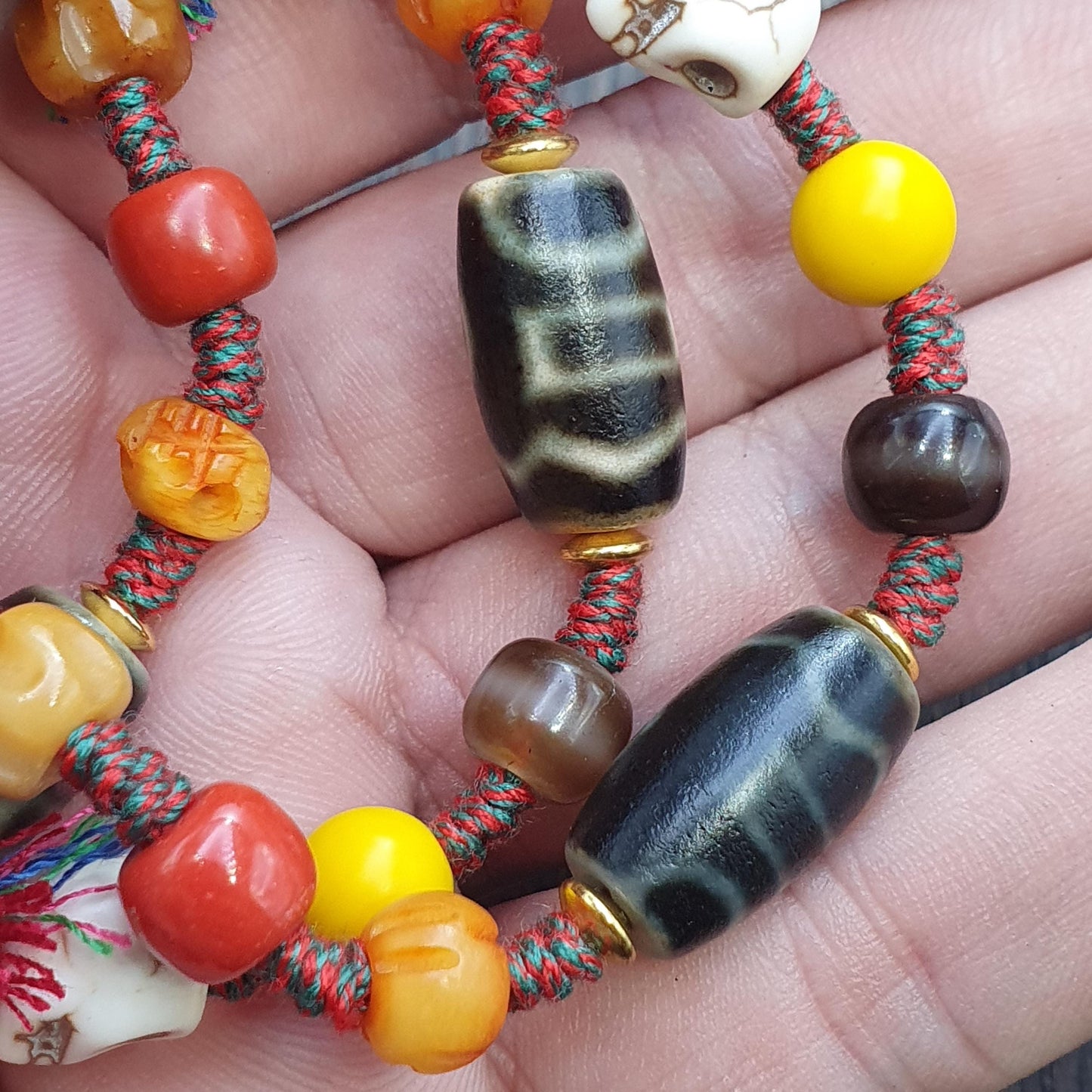 Handmade 2 eyes dzi bead bracelet multicolor cord - spiritual beads bracelet