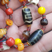 Handmade 2 eyes dzi bead bracelet multicolor cord - spiritual beads bracelet