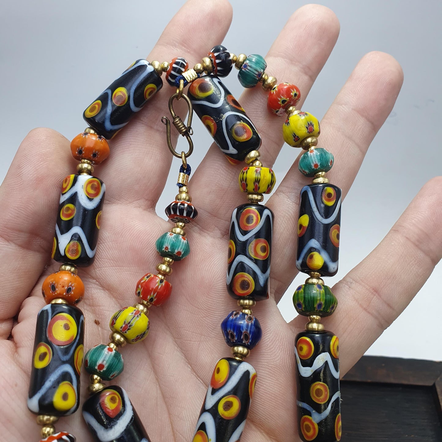 Venetian style glass beads necklace – murano style black swirl & floral jewelry