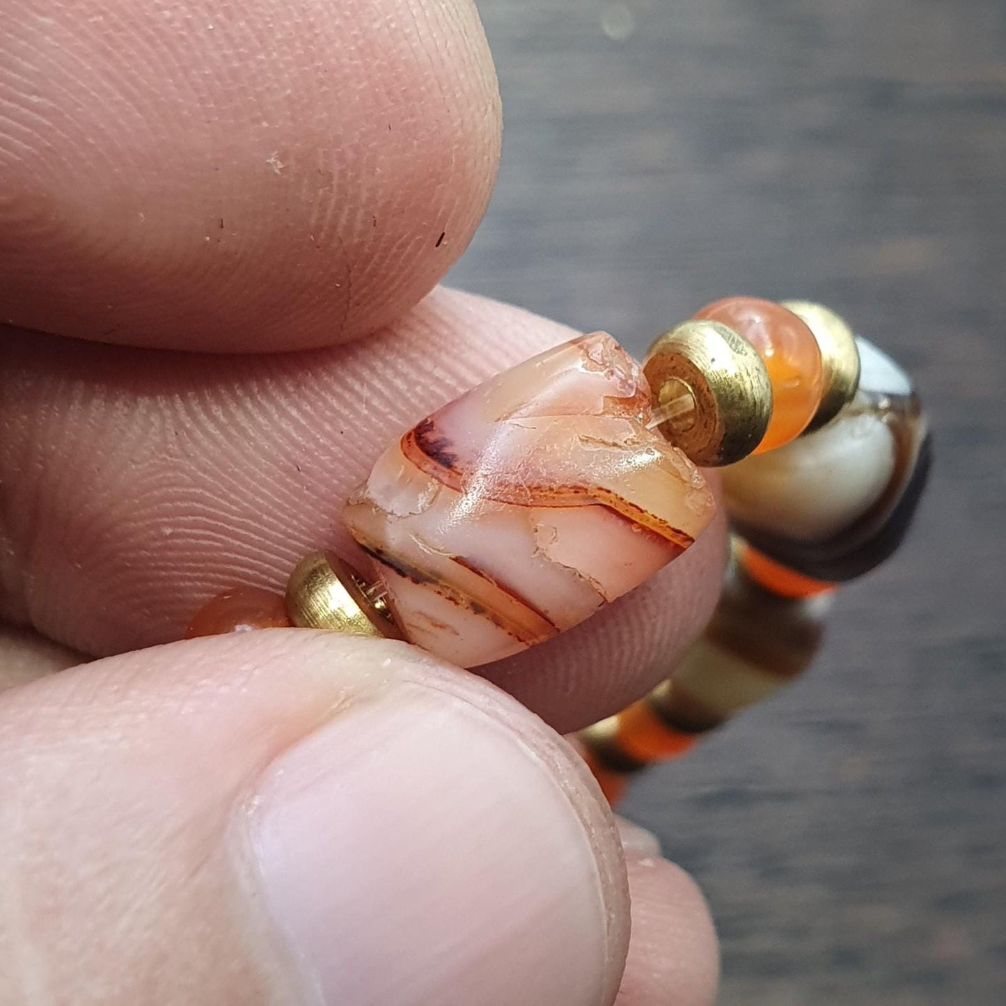 Ancient antique agate carnelian beads with brass spacer beaded bracelet #jn-br2