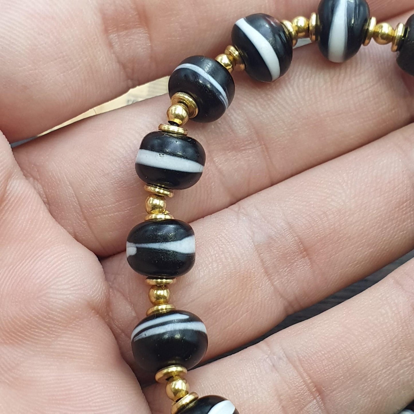 Antique one line black and white glass beads beaded bracelet #jn-br3
