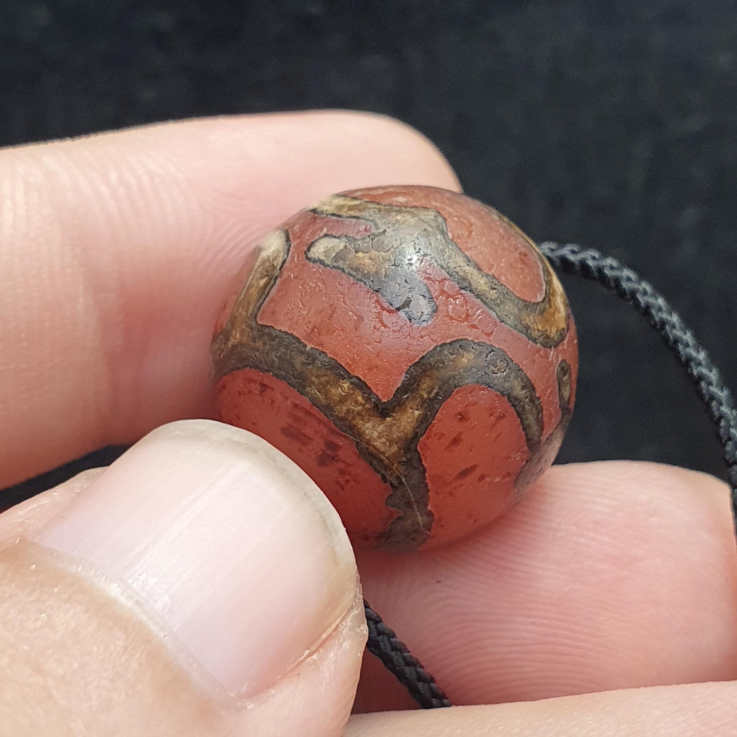 Old tibetan himalayan etched agate  decorated amulet bead 19mm #2