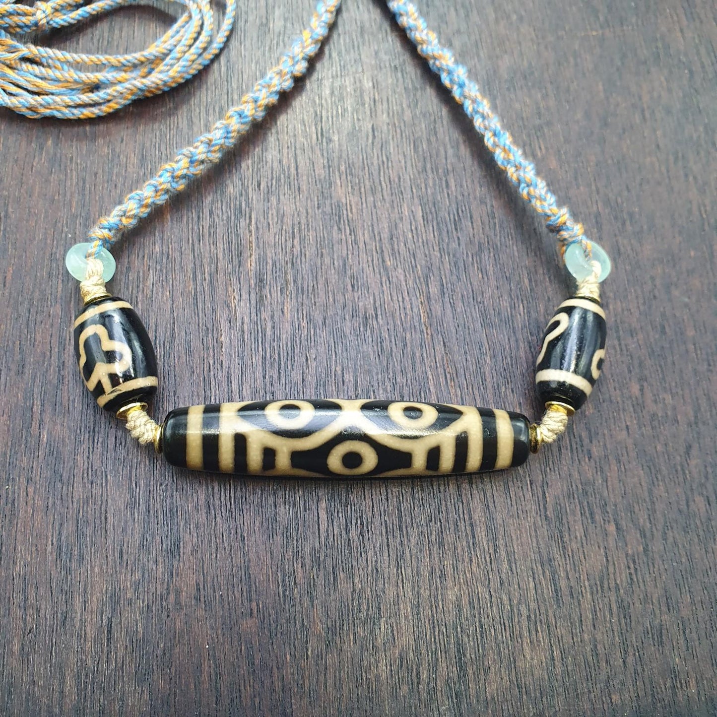 Tibetan 6 eye dzi agate bead necklace protective amulet with braided cord 2 dzi