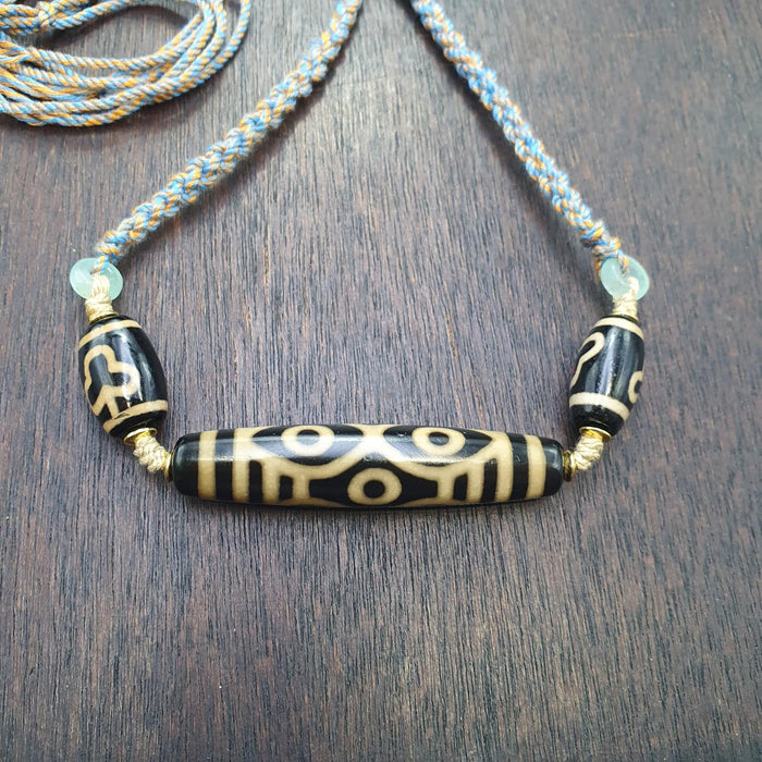 Tibetan 6 eye dzi agate bead necklace protective amulet with braided cord 2 dzi